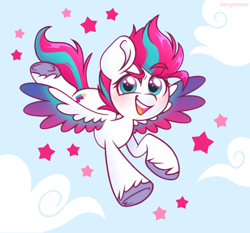 Size: 2670x2491 | Tagged: safe, artist:ninnydraws, character:zipp storm, species:pegasus, species:pony, g5, abstract background, adorazipp, blushing, cloud, colored eyebrows, colored hooves, colored wings, cute, eyebrows, eyebrows visible through hair, female, flying, heart eyes, high res, hooves, looking at you, mare, multicolored wings, open mouth, open smile, signature, sky, sky background, smiling, smiling at you, solo, spread wings, stars, underhoof, unshorn fetlocks, wingding eyes, wings