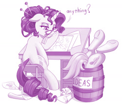 Size: 1280x1120 | Tagged: safe, artist:dstears, character:coco pommel, character:rarity, species:earth pony, species:pony, species:unicorn, g4, alternate hairstyle, barrel, butt, cool s, desk, duo, female, floppy ears, glasses, hatbutt, holding, mare, monochrome, mouth hold, open mouth, paper, plot, pun, simple background, sitting, stool, underhoof, visual gag, white background