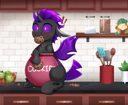 Size: 4000x3298 | Tagged: safe, artist:confetticakez, oc, oc only, species:changeling, apple, blushing, caught, cookie, cookie jar, crumbs, ear fluff, floppy ears, food, fruit basket, horn, kitchen, kitchen counter, solo, spatula, spice, spoon, stealing, tail, ych result