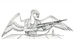 Size: 1700x891 | Tagged: safe, artist:baron engel, oc, oc only, species:griffon, g4, black and white, bottle, clothing, explicit source, grayscale, gun, male, monochrome, pencil drawing, rifle, simple background, solo, spread wings, story in the source, table, tactical vest, traditional art, trigger discipline, vest, weapon, white background, wings