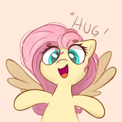 Size: 905x905 | Tagged: safe, artist:kqaii, character:fluttershy, species:pegasus, species:pony, g4, beanbrows, blushing, bust, cute, daaaaaaaaaaaw, dialogue, eyebrows, eyebrows visible through hair, female, front view, full face view, hooves out, hug request, hug time, looking at you, mare, open mouth, open smile, pixiv, shyabetes, simple background, smiling, smiling at you, solo, spread wings, wings