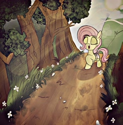 Size: 1863x1903 | Tagged: safe, artist:kqaii, character:fluttershy, species:pegasus, species:pony, g4, bag, crepuscular rays, eyes closed, female, forest, mare, path, saddle bag, solo