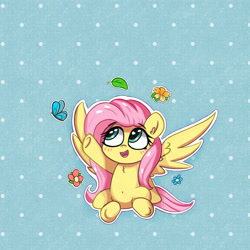 Size: 1568x1568 | Tagged: safe, artist:kqaii, character:fluttershy, species:pegasus, species:pony, g4, abstract background, butterfly, cute, female, flower, leaf, mare, shyabetes, simple background, smiling, solo, spread wings, wings
