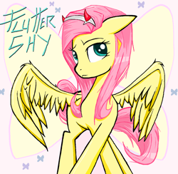 Size: 1212x1184 | Tagged: safe, artist:sallycars, character:fluttershy, species:pegasus, species:pony, g4, abstract background, aside glance, butterfly, crossed hooves, devil horns, digital art, eyebrows, female, floppy ears, fluttershy day, head turned, horns, looking at you, mare, ms paint, name, solo, spread wings, standing, text, three quarter view, wings