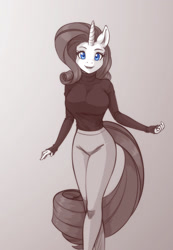 Size: 1248x1800 | Tagged: safe, artist:scorpdk, character:rarity, species:anthro, species:unicorn, g4, big breasts, breasts, busty rarity, clothing, explicit source, eyebrows, eyelashes, female, horn, limited color, limited palette, looking at you, mare, open mouth, pants, simple background, smiling, solo, sweater