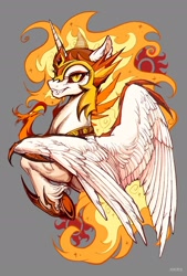 Size: 1378x2039 | Tagged: safe, artist:paipaishuaige, character:daybreaker, character:philomena, character:princess celestia, species:alicorn, species:bird, species:phoenix, species:pony, g4, duo, ear fluff, fangs, female, gray background, grin, looking at you, mare, sharp teeth, simple background, smiling, spread wings, sun, unshorn fetlocks, wings