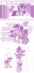 Size: 1080x2326 | Tagged: safe, artist:dstears, character:spike, character:twilight sparkle, character:twilight sparkle (unicorn), species:dragon, species:pony, species:unicorn, g4, book, bookshelf, chair, comic, cookie, cookie jar, cute, dialogue, exclamation point, female, food, glowing, glowing horn, happy, horn, magic, magic aura, male, mare, monochrome, open mouth, refrigerator, simple background, spikabetes, stool, telekinesis, tongue out, twiabetes, twilight sparkle is not amused, unamused, white background