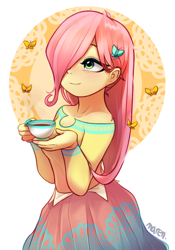Size: 1444x2060 | Tagged: safe, artist:maren, character:fluttershy, species:eqg human, g4, my little pony:equestria girls, blushing, cup, cute, female, hair over one eye, shyabetes, signature, solo, teacup