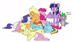 Size: 6053x3546 | Tagged: safe, artist:chub-wub, character:applejack, character:fluttershy, character:pinkie pie, character:rainbow dash, character:rarity, character:spike, character:twilight sparkle, character:twilight sparkle (alicorn), species:alicorn, species:dragon, species:earth pony, species:pegasus, species:pony, species:unicorn, g4, butt, cuddle puddle, cuddling, cute, dashabetes, diapinkes, eyes closed, female, flutterbutt, jackabetes, male, mane seven, mane six, mare, pillow, plot, pony pile, raribetes, redraw, shyabetes, silly, silly pony, simple background, spike is not amused, twilight sparkle is not amused, unamused, white background, who's a silly pony