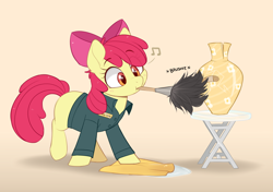 Size: 1280x900 | Tagged: safe, alternate version, artist:higgly-chan, character:apple bloom, species:earth pony, species:pony, g4, adorabloom, apple bloom's bow, apple family member, bandage, bandaid, bow, cute, duster, dusting, eye clipping through hair, eyebrows, eyebrows visible through hair, female, filly, foal, hair bow, holding, janitor, missing cutie mark, mouth hold, music notes, nft, pun, solo, three quarter view, towel, vase, young