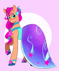 Size: 1352x1606 | Tagged: safe, artist:aztrial, character:sunny starscout, species:earth pony, species:pony, g5, abstract background, beautiful, blushing, clothing, colored eyebrows, cute, dress, eyebrows, female, gala dress, lavender background, looking at you, mare, purple background, raised hoof, simple background, smiling, smiling at you, solo, sunnybetes, three quarter view