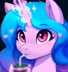 Size: 1500x1598 | Tagged: safe, artist:mrscroup, manebooru spotlight, character:izzy moonbow, species:pony, species:unicorn, g5, aura, blushing, bust, cute, drink, drinking, drinking straw, eye shimmer, eyebrows, eyebrows visible through hair, female, floating heart, glowing, glowing horn, gradient hair, heart, horn, izzybetes, juice, juice box, levitation, magic, magic aura, mare, multicolored hair, portrait, sipping, solo, sparkles, straw, straw in mouth, telekinesis, wingdings