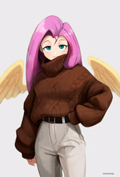 Size: 1780x2613 | Tagged: safe, artist:mrscroup, character:fluttershy, species:human, g4, clothing, female, full face view, hand, hand on hip, hips, humanized, pants, signature, simple background, solo, species swap, spread wings, sweater, sweatershy, white background, winged humanization, wings