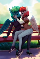 Size: 1382x2048 | Tagged: safe, artist:mrscroup, oc, oc only, oc:emerald, oc:firefly, species:anthro, species:pegasus, species:plantigrade anthro, anthro oc, bench, bra, bra strap, clothing, converse, eyes closed, female, jeans, kissing, lesbian, mare, pants, pegasus oc, profile, shoes, sitting, sitting on lap, sneakers, sweater, underwear, wings