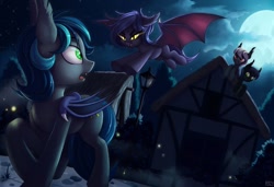 Size: 1024x699 | Tagged: safe, artist:pony-way, oc, oc only, oc:sable (fine print), oc:spark gap, species:bat pony, species:pony, fanfic:fine print, g4, bat pony oc, bat wings, cloud, female, full moon, house, leaping, male, mare, moon, night, ponyville, profile, spread wings, squint, stallion, streetlight, wings