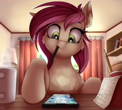 Size: 4000x3603 | Tagged: safe, artist:pony-way, character:roseluck, species:earth pony, species:pony, fanfic:fine print, g4, cellphone, cheek fluff, chest fluff, ear fluff, facebook, female, fluffy, full face view, holding, instagram, iphone, itunes, mare, mouth hold, phone, ponies with technology, smartphone, snapchat, solo, stylus, sweat