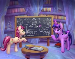 Size: 4200x3300 | Tagged: safe, artist:viwrastupr, character:roseluck, character:twilight sparkle, character:twilight sparkle (alicorn), species:alicorn, species:earth pony, species:pony, fanfic:fine print, g4, book, bookshelf, chalk, chalkboard, colored eyebrows, duo, duo female, eyebrows, fanfic art, female, fimfiction, frown, glowing, glowing horn, high res, horn, implied discord, implied princess celestia, magic, magic aura, mare, open mouth, profile, raised hoof, telekinesis, three quarter view, twilight's castle, twilight's lab, unshorn fetlocks