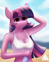 Size: 1974x2498 | Tagged: safe, artist:delta hronum, character:twilight sparkle, species:anthro, species:earth pony, g4, beach, breasts, cleavage, earth pony twilight, eyebrows, female, hand, hand on head, mare, missing horn, outdoors, solo, species swap, sun, ych example, your character here
