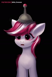Size: 1154x1710 | Tagged: safe, artist:delta hronum, character:sugar moonlight, species:earth pony, species:pony, g5, my little pony: a new generation, anti-unicorn hat thing, black background, cute, dark background, female, mare, patreon, patreon logo, simple background, solo, sugardorable