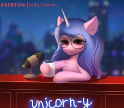 Size: 1458x1280 | Tagged: safe, artist:delta hronum, character:izzy moonbow, species:pony, species:unicorn, g5, my little pony: a new generation, chest fluff, colored eyebrows, cute, desk, eyebrows, eyebrows visible through hair, female, fit right in (g5), glasses, gradient hair, izzybetes, looking at you, mare, microphone, mug, multicolored hair, solo, talk show, unicorn-y talks with izzy