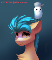 Size: 908x1052 | Tagged: safe, artist:delta hronum, character:hitch trailblazer, species:bird, species:earth pony, species:pony, g5, blaze (coat marking), brown eyes, bust, chest fluff, coat markings, critter magnet, cute, eyebrows, eyebrows visible through hair, facial markings, floppy ears, gradient background, hitchbetes, looking at something, male, simple background, smiling, solo, stallion, three quarter view