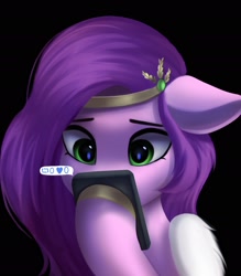 Size: 1700x1944 | Tagged: safe, artist:delta hronum, character:pipp petals, species:pegasus, species:pony, g5, my little pony: a new generation, black background, cellphone, circlet, colored hooves, eyebrows, female, floppy ears, headband, hooves, mare, phone, pipp wings, sad, simple background, smartphone, solo