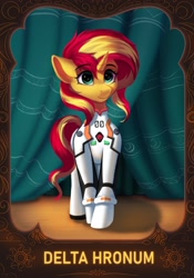 Size: 1488x2122 | Tagged: safe, artist:alrumoon_art, artist:delta hronum, character:sunset shimmer, species:pony, species:unicorn, g4, my little pony:equestria girls, clothing, cosplay, costume, eyebrows, eyebrows visible through hair, female, mare, neon genesis evangelion, plugsuit, rei ayanami, signature, solo, sunset cosplay flashmob, text, theater