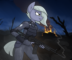 Size: 1806x1500 | Tagged: safe, artist:moonatik, character:limestone pie, species:anthro, species:earth pony, episode:the cutie re-mark, g4, my little pony: friendship is magic, alternate timeline, armor, battlefield, clothing, female, fire, galil, gloves, gun, mare, military, military pony, military uniform, new lunar millennium, night, nightmare takeover timeline, profile, rifle, smoke, soldier, solo, tank (vehicle), trigger discipline, uniform, weapon
