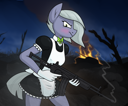 Size: 1806x1500 | Tagged: safe, alternate version, artist:moonatik, character:limestone pie, species:anthro, species:earth pony, episode:the cutie re-mark, g4, my little pony: friendship is magic, alternate timeline, angry, apron, battlefield, blushing, bow tie, clothing, dress, female, fire, galil, gloves, gun, looking at you, maid, mare, military pony, new lunar millennium, night, nightmare takeover timeline, profile, rifle, skirt, smoke, soldier, solo, tank (vehicle), trigger discipline, unamused, uniform, weapon