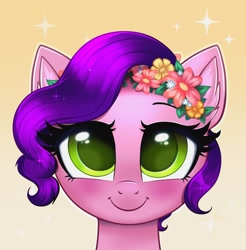 Size: 3935x4000 | Tagged: safe, artist:confetticakez, character:pipp petals, species:pegasus, species:pony, g5, adorapipp, blushing, bust, cute, ear fluff, eyebrows, eyelashes, female, flower, flower crown, looking at you, mare, pipp wings, portrait, simple background, smiling, solo, ych example