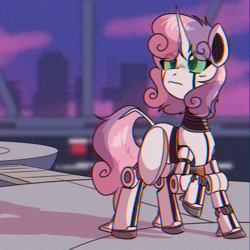 Size: 1024x1024 | Tagged: safe, artist:provolonepone, character:sweetie belle, species:pony, species:unicorn, friendship is witchcraft, sweetie bot, chromatic aberration, missing cutie mark, raised hoof, robot, robot pony, science fiction, solo