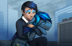 Size: 3842x2482 | Tagged: safe, artist:klarapl, oc, oc only, oc:janet (fine print), oc:spark gap, species:bat pony, species:human, species:pony, fanfic:fine print, g4, bat pony oc, cheek fluff, clothing, concerned, ear fluff, exhausted, female, floppy ears, holding, holding a pony, male, rooftop, skyscraper, sleeping, stallion, suit, tired