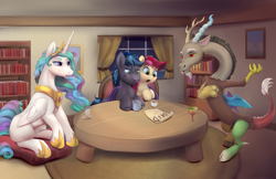 Size: 5100x3300 | Tagged: safe, artist:viwrastupr, character:discord, character:princess celestia, character:roseluck, oc, oc:spark gap, species:alicorn, species:bat pony, species:draconequus, species:earth pony, species:pony, fanfic:fine print, g4, absurd resolution, bat pony oc, bookshelf, canon x oc, clothing, colored eyebrows, contract, crown, drink, eyebrows, fanfic art, female, food, hoof shoes, hug, jewelry, male, mare, necklace, peytral, pillow, regalia, rosegap, shipping, shoes, sitting, stallion, straight, surprised, table, tea, three quarter view, unshorn fetlocks, upset, window, winghug, wings