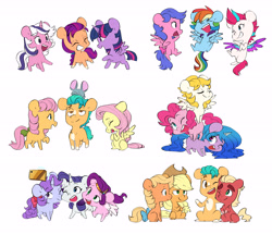 Size: 6032x5188 | Tagged: safe, artist:chub-wub, character:applejack, character:applejack (g1), character:firefly, character:fluttershy, character:hitch trailblazer, character:izzy moonbow, character:pinkie pie, character:pipp petals, character:posey, character:rainbow dash, character:rarity, character:sprout, character:sunny starscout, character:surprise, character:twilight (g1), character:twilight sparkle, character:twilight sparkle (alicorn), character:zipp storm, species:alicorn, species:earth pony, species:pegasus, species:pony, species:unicorn, g1, g4, g5, blaze (coat marking), chibi, coat markings, colored eyebrows, cute, eyebrows, eyebrows visible through hair, female, g1 six, generation leap, gradient hair, grin, mane g5, mane six, mare, multicolored hair, multiple characters, open mouth, open smile, pipp wings, profile, raised hoof, simple background, sitting, smiling, socks (coat marking), three quarter view, twilight (g1), white background