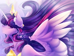 Size: 4000x3000 | Tagged: safe, artist:mikkybun, character:twilight sparkle, character:twilight sparkle (alicorn), species:alicorn, species:pony, episode:the last problem, g4, my little pony: friendship is magic, chest fluff, crown, ear fluff, female, jewelry, looking at you, mare, necklace, obtrusive watermark, older, older twilight, peytral, princess twilight 2.0, profile, regalia, smiling, solo, spread wings, watermark, wings