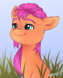 Size: 1443x1776 | Tagged: safe, artist:buttersprinkle, character:sunny starscout, species:earth pony, species:pony, g5, my little pony: a new generation, colored eyebrows, cute, eyebrows, female, grass, mare, signature, smiling, solo, sunnybetes, three quarter view