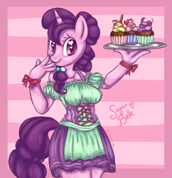 Size: 1177x1216 | Tagged: dead source, safe, artist:twinkytwily, character:sugar belle, species:anthro, species:pony, species:unicorn, g4, clothing, cupcake, cute, dirndl, dress, food, hair bun, heart eyes, horn, looking at you, plate, simple background, solo, sugarbetes, tail, wingding eyes