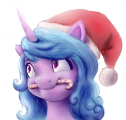 Size: 1280x1214 | Tagged: safe, artist:nedemai, character:izzy moonbow, species:pony, species:unicorn, g5, bust, candy, candy cane, christmas, clothing, cute, female, food, gradient hair, hat, holding, holiday, izzybetes, looking up, mare, mouth hold, multicolored hair, portrait, santa hat, simple background, solo, white background