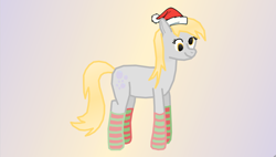 Size: 1280x729 | Tagged: safe, artist:freestadiumtix, character:derpy hooves, species:earth pony, species:pony, g4, christmas, clothing, cute, gradient background, hat, holiday, santa hat, socks, solo, striped socks, wingless
