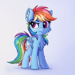 Size: 2200x2200 | Tagged: safe, alternate version, artist:zeepheru_pone, derpibooru original, character:rainbow dash, species:pegasus, species:pony, g4, alternate character, annoyed, cheek fluff, chest fluff, cute, dashabetes, ear fluff, female, fluffy, folded wings, frown, full body, gradient background, high res, hoof fluff, hooves, leg fluff, looking sideways, mare, raised eyebrow, shadow, simple background, solo, standing, tail, three quarter view, wings