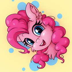 Size: 1600x1600 | Tagged: safe, artist:zeepheru_pone, character:pinkie pie, species:earth pony, species:pony, g4, abstract background, bust, cheek fluff, chest fluff, cute, diapinkes, ear fluff, female, fluffy, happy, looking at you, mare, open mouth, open smile, simple background, smiling, smiling at you, solo, yellow background