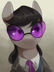 Size: 1560x2100 | Tagged: safe, artist:cadillacdynamite, community related, character:octavia melody, species:earth pony, species:pony, equestria at war mod, g4, accessory theft, clothing, dmitri shostakovich, eyebrows, eyelashes, female, looking at you, mare, necktie, simple background, smiling, solo, suit, the new order: last days of europe, vinyl's glasses