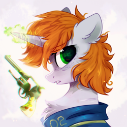 Size: 1500x1500 | Tagged: source needed, safe, artist:mirtash, oc, oc only, oc:littlepip, species:pony, species:unicorn, fallout equestria, g4, abstract background, chest fluff, clothing, crossover, ear fluff, eyebrows, eyebrows visible through hair, fallout, female, floppy ears, freckles, gun, handgun, little macintosh, looking at you, mare, profile, revolver, simple background, solo, starry eyes, vault suit, weapon