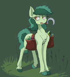 Size: 1909x2099 | Tagged: safe, artist:paskanaakka, derpibooru original, oc, oc:bittergreen, species:earth pony, species:pony, chest fluff, colored hooves, cutie mark, ear fluff, explicit source, eyebrows, eyelashes, female, holding, hooves, lidded eyes, looking sideways, mare, mouth hold, one hoof raised, saddle bag, sickle, simple background, solo, tail, unshorn fetlocks