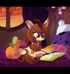 Size: 3208x3400 | Tagged: safe, artist:spookyle, oc, oc only, oc:pumpkin spell, species:kirin, g4, bed, book, cloven hooves, colored hooves, cute, female, food, high res, hooves, kirin oc, leaves, lying down, non-pony oc, ocbetes, prone, pumpkin, pumpkin pie, solo, three quarter view