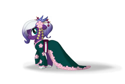 Size: 1600x1074 | Tagged: safe, artist:daspuschel, oc, oc:amethyst fire, species:dragon, species:pony, clothing, flower, flower in hair, hybrid, kimono (clothing), looking at you, profile, robe, simple background, solo, white background