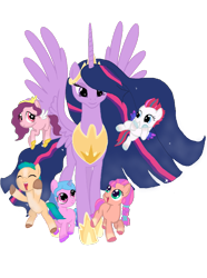 Size: 1229x1655 | Tagged: safe, artist:oljapisanik, character:hitch trailblazer, character:izzy moonbow, character:pipp petals, character:sunny starscout, character:twilight sparkle, character:twilight sparkle (alicorn), character:zipp storm, species:alicorn, species:earth pony, species:pegasus, species:pony, species:unicorn, episode:the last problem, g4, g5, my little pony: friendship is magic, adorapipp, adorazipp, blaze (coat marking), coat markings, colored hooves, colt, colt hitch trailblazer, cute, female, filly, filly izzy moonbow, filly pipp petals, filly sunny, filly zipp storm, flying, gradient hair, hitchbetes, hooves, horn, izzybetes, male, mane g5, mare, multicolored hair, older, older twilight, pipp wings, princess twilight 2.0, simple background, socks (coat marking), sunny and her heroine, sunnybetes, transparent background, twiabetes, unshorn fetlocks, wings, young, younger