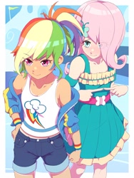 Size: 1200x1600 | Tagged: safe, artist:rockset, character:fluttershy, character:rainbow dash, species:human, g4, my little pony:equestria girls, bracelet, clothing, colored eyebrows, cute, cutie mark, dashabetes, dress, duo, duo female, explicit source, eyebrows, eyebrows visible through hair, eyelashes, female, female only, humanized, jacket, jewelry, ponytail, shorts, shyabetes, species swap, tank top, wristband
