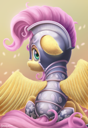 Size: 2400x3480 | Tagged: safe, artist:symbianl, character:fluttershy, species:pegasus, species:pony, g4, armor, cute, engraving, female, floppy ears, gradient background, guard, guardsmare, looking at you, looking back, mare, open mouth, profile, shyabetes, signature, solo, spread wings, wings, worried