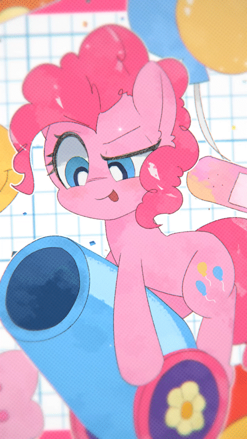 Size: 480x853 | Tagged: safe, artist:lexiedraw, character:pinkie pie, species:earth pony, species:pony, g4, animated, animated at source, balloon, blep, cannon, confetti, cute, diapinkes, female, mare, party cannon, smiling, solo, tongue out, weapon